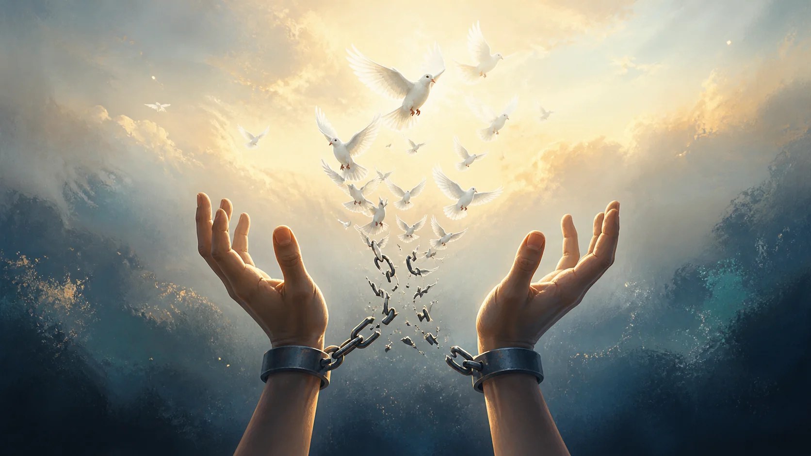 Hands breaking free of chains as doves rise into the light — a symbol of release, recovery and renewal.