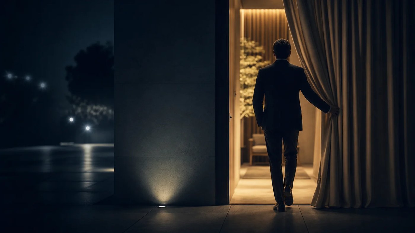 A figure steps through a private, softly lit doorway at night — a quiet symbol of discretion and a considered path forward.